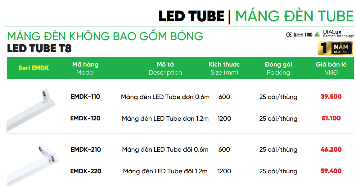 Máng Đèn Tube Đơn Không Bóng MPE 1,2m EMDK-120