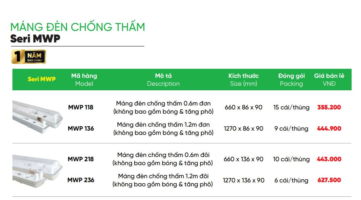 Máng Đèn Chống Thấm Đơn 0,6m MPE MWP-118